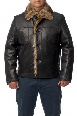 Мужская кожаная куртка из натуральной кожи на меху с воротником, отделка енот