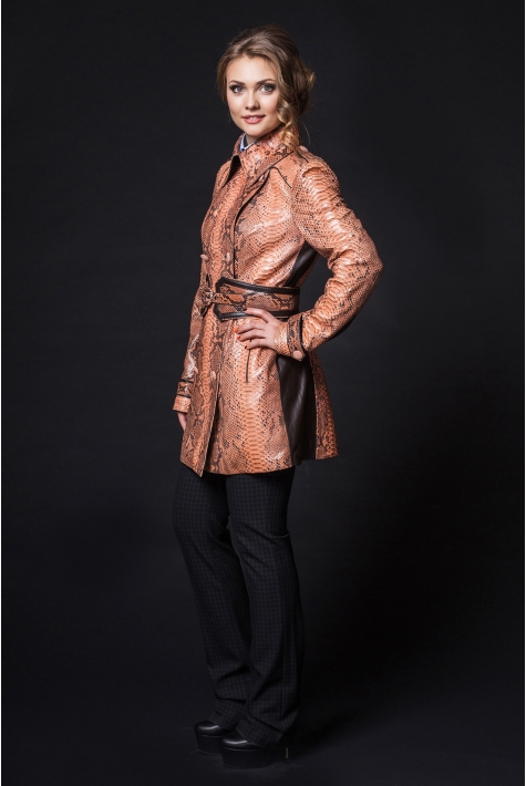 Женское кожаное пальто из натуральной кожи питона с воротником 8020536