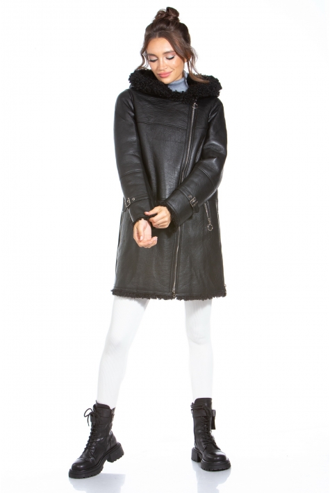 Женская кожаная куртка из эко-кожи с капюшоном, отделка искусственный мех 8022586